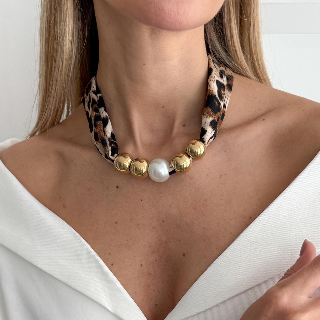 Винтажный шелковый шарф с леопардовым принтом, фланелевое knotted necklace для женщин, креативная цепочка на шею с имитацией жемчуга и CCB бусинами