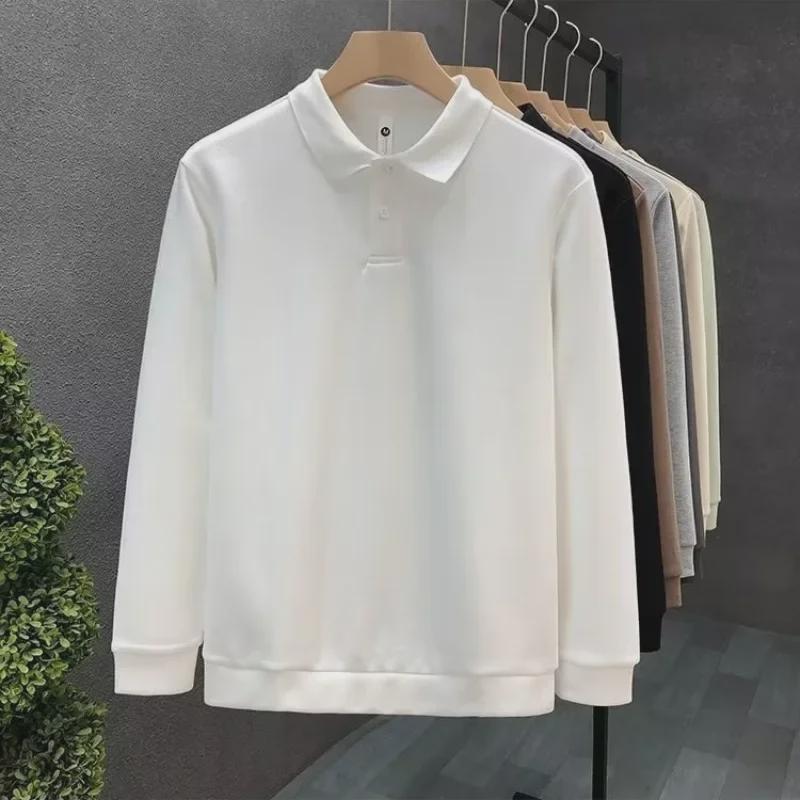Трендовая мужская белая рубашка поло с длинным рукавом — европейский бренд, коллекция осень 2023 г., повседневный топ с воротником.