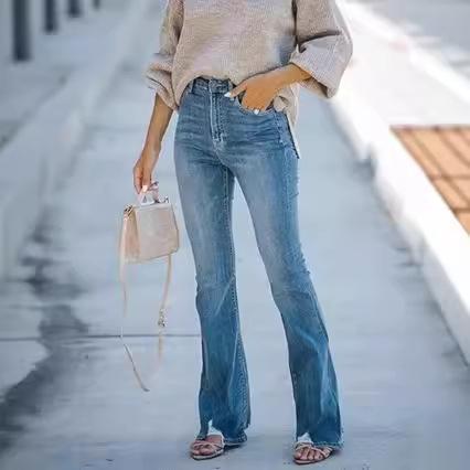 Women High Waist Vintage Flared Jeans Medium Stretch Slim Bootcut Denim Pants Casual Street Denim Trousers For Ladies