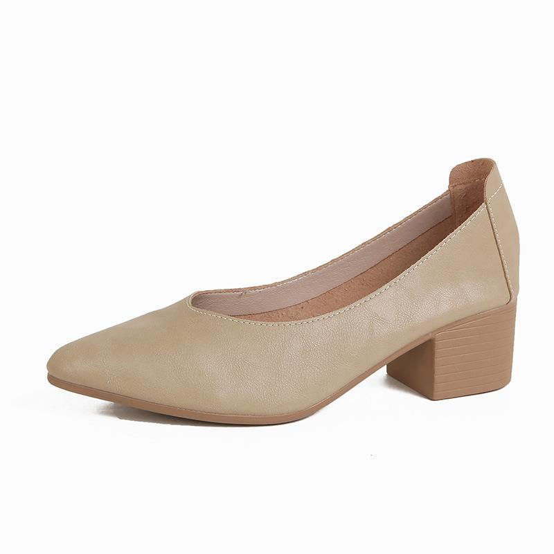 Кожаные туфли-лодочки на толстом каблуке 2025 новые универсальные фея ветер женские туфли с мелким вырезом на среднем каблуке размер женские туфли туфли бабушки универсальные