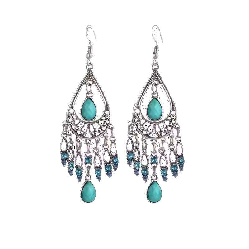 Bohemian diamond-set water drop fringed ear hook retro ethnic style earrings niche high-end fashion temperament earrings