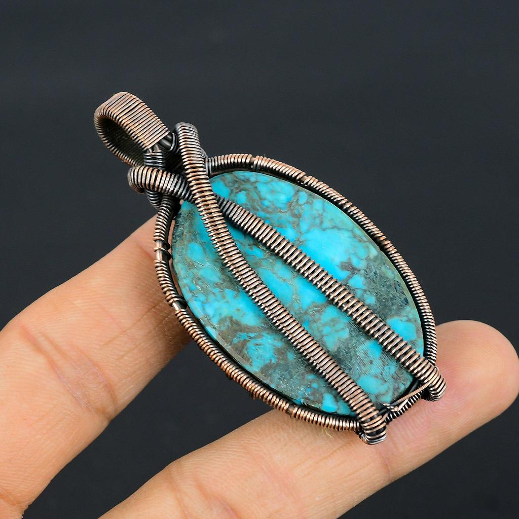 Tibetan Turquoise Pendant, 999 Copper Wire Wrapped Gemstone Jewelry, Handmade Pendant, For Thanksgiving