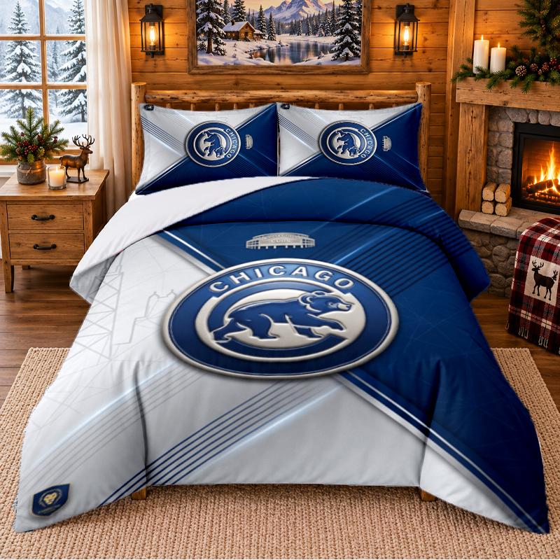 Printed 3Pcs Bedding Set Chicago Cubs Pattern Bed Sheet Pillowcase For Bedroom Decor