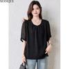 MODIQUE Весна Лето Большой Размер Новая Женская Свободная Винтажная Шифоновая Однотонная Черная Блузка Рубашки Женская Повседневная Оверсайз Базовая С Коротким Рукавом Круглый Вырез Топ