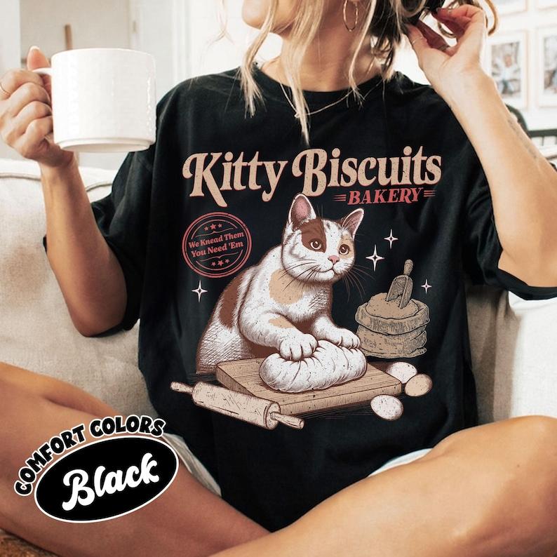 Cat Biscuit Maker Shirt Retro Kitty Kneading TShirt Cat Lover Gift Baking Cat Shirt Designs Kitty Biscuits Bakery Tee
