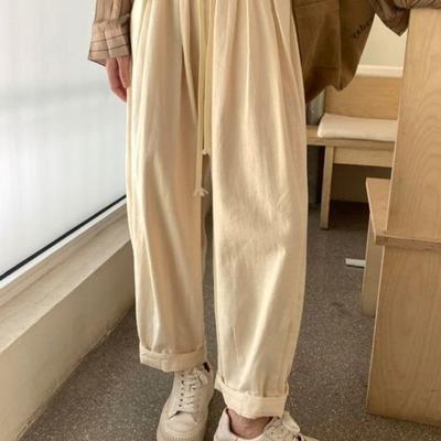 Женские бежевые брюки карго | Хлопковые брюки с высокой посадкой, обработанные энзимами, в японском стиле, свободные, фонарь, морковь, прямые, широкие, повседневные брюки для весны-осени