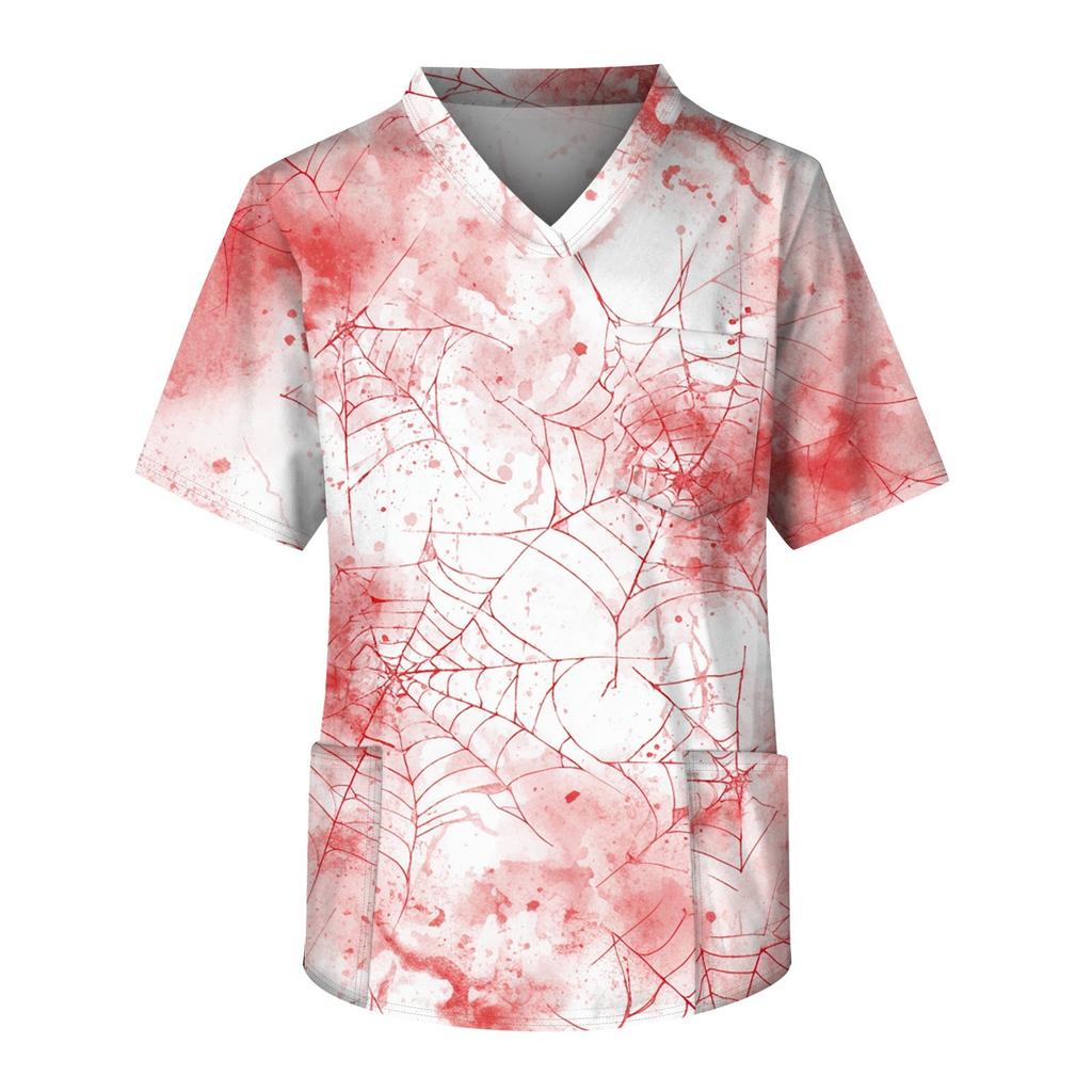 Мужской топ с короткими рукавами и v-образным вырезом на Хэллоуин с принтом на груди и карманом для ухода за кожей