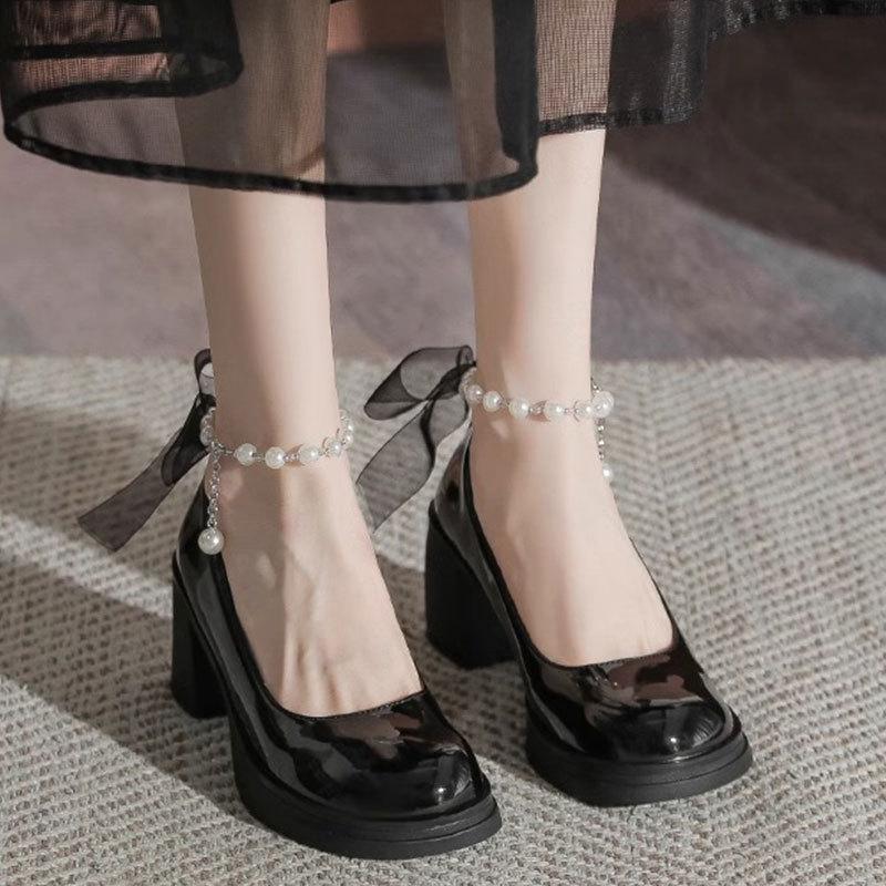 Туфли «Сказочный ветер» Нежные туфли Мэри Джейн для девочек 2025 года Весна Новые высококачественные модные универсальные легкие туфли с жемчужным принтом на высоком каблуке