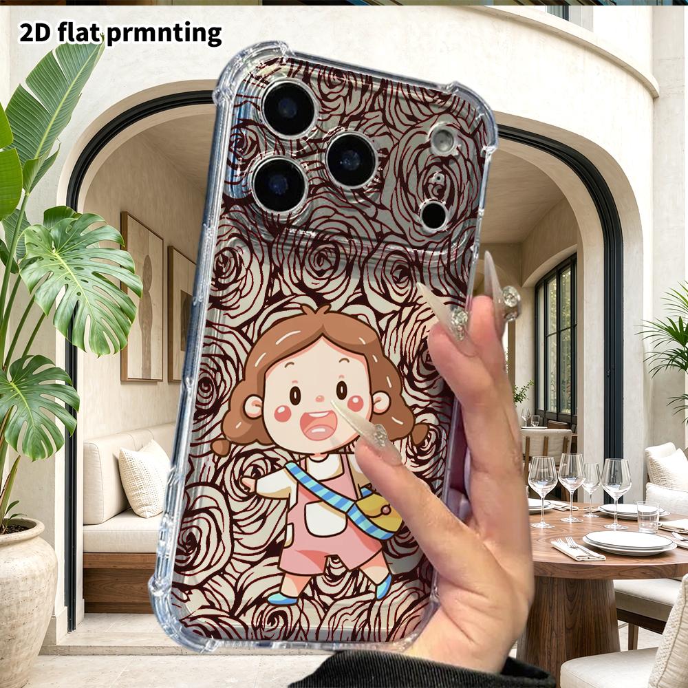 Phone case: 2D flat design, suitable for iPhone 18 17 16 15 14 13 Pro, transparent corners protective case, cartoon little girl, Christmas and Hallowe