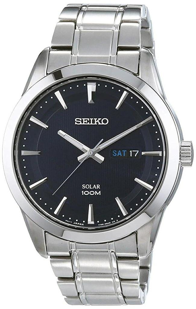 SEIKO Men's Solar Watch SNE361P1 Overseas Model, 43mm Stainless Steel Case and Bracelet, 100m, Day-Date, Hardlex Crystal