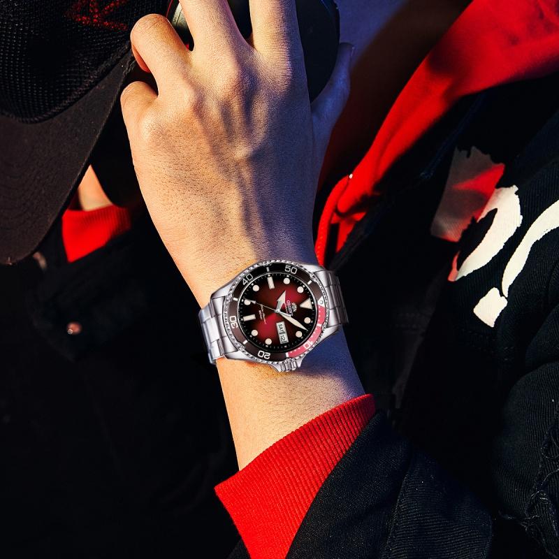 Механические часы Orient Зеленый Submariner Полностью автоматические часы Модные спортивные часы для дайвинга Круглые с метками Градиентно-красный RA-AA0814R19B