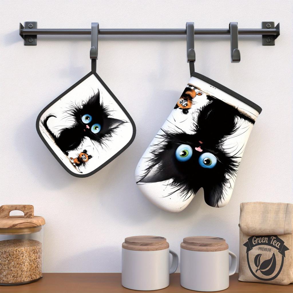 s Black Kitten Mouse Oven Mitts and Potholders - Heat Resistant 10.6x6.7 Inch, Cute Cat Design with