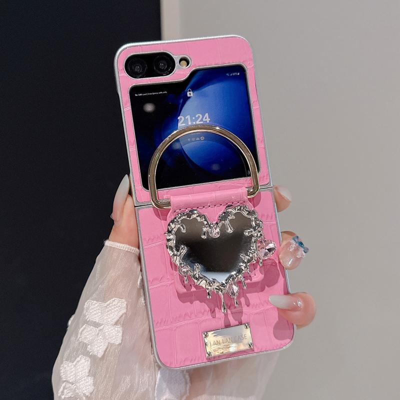 Милый Чехол-Зеркало в Форме Сердца с Узором под Крокодила для Samsung Galaxy Z Flip 7 6 5 4 3 flip7 Zflip Держатель-Кольцо Подставка Кожаный Чехол