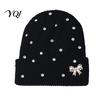 Cozy Stretchy Hat for Daily Wear Sparkly Winter Knitted Hat, Women Rhinestone Knit with Faux Pearl Bow, Fashionable Warm Autumn Stretch Cuffed Ribbed