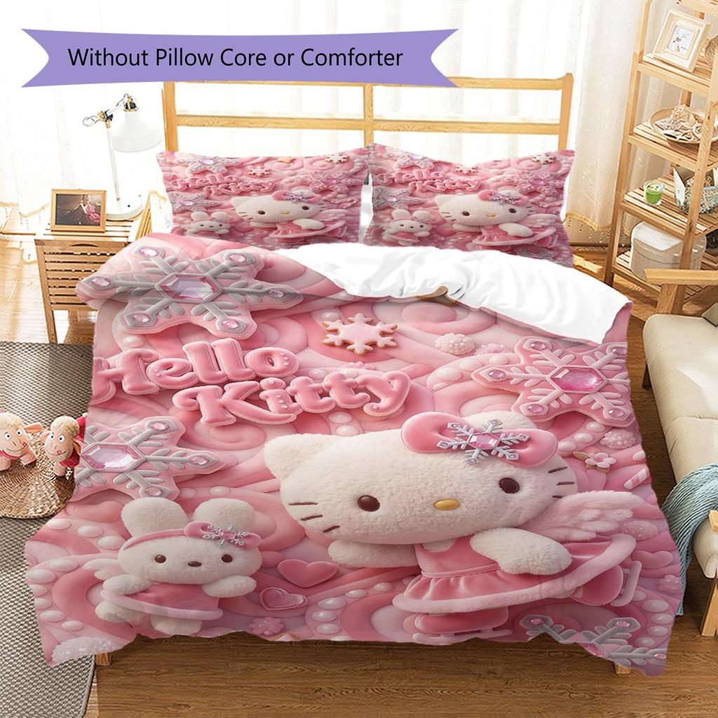 Постельное белье с розовым узором Hello Kitty, Комплект с одеялом, Пододеяльник, Наволочка, Домашний подарок на день рождения(1 пододеяльник + 2 наволочки, без наполнителя)