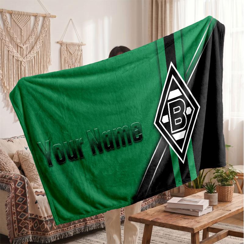 Borussia Mönchengladbach Personalized Fleece Blanket With Football Logo, Custom Name Text Soft Warm Home Throw Blanket