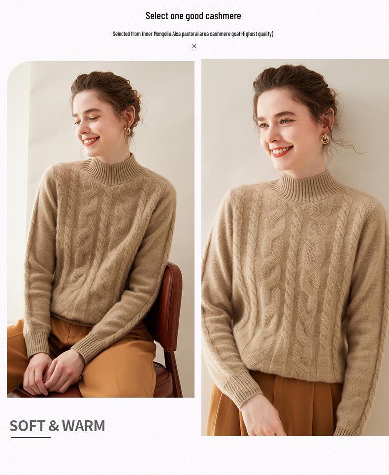 Женский кашемировый пуловер кабельной вязки - Полувысокий воротник, Длинный рукав, Однотонный, Теплый и повседневный базовый слой