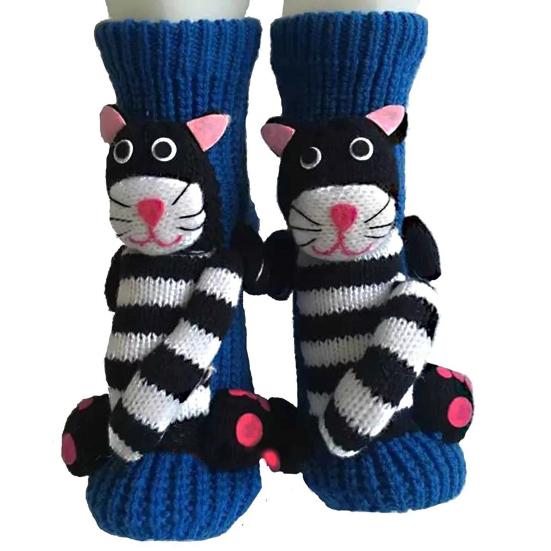 1 Pair Winter Socks 3D Cartoon Animal Socks Knitted Anti-slip Mid-tube Thickened Elastic Keep Warm Floor Socks with Silicone Dot Soles
