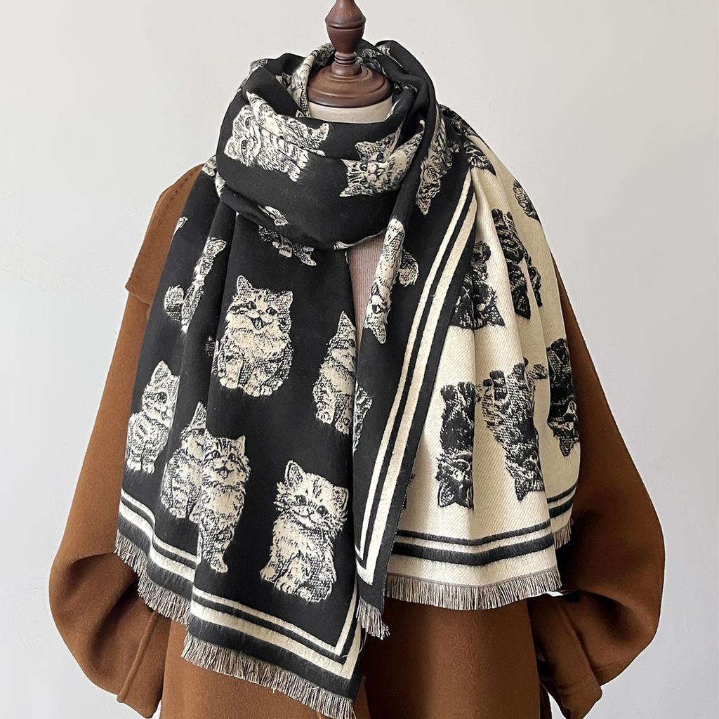 Autumn Winter Scarf Women Pashmina Shawls Cat Cashmere Blanket Warm Thick Chunky Stoles Lady Elegant Poncho Outdoor Bufanda