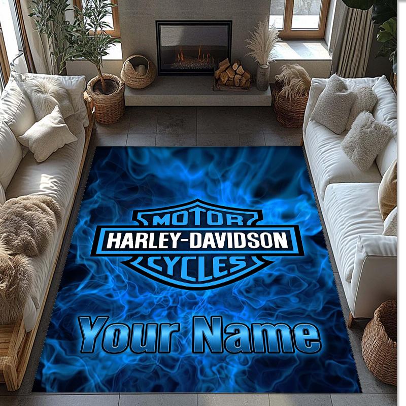 Harley-Davidson Crystal Velvet Rug, Custom Name Text Personalized Non‑Slip Floor Mat for Home Decor Gift