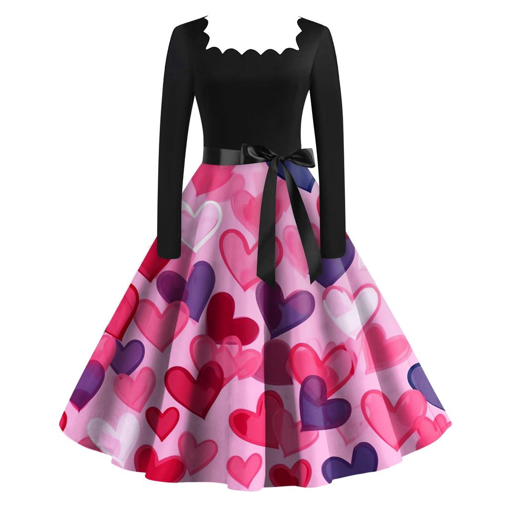 Женское винтажное классическое платье с длинным рукавом и принтом на День святого Валентина с квадратным вырезом и распашным платьем