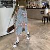 Women Streetwear Vintage Flowers Print Long Denim Skirts Summer High Waist Slim Open Split Straight Blue Jeans Skirt