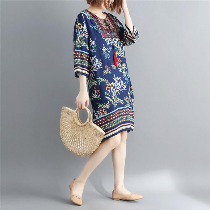 Fashion Dress Print Round Neck Dress Loose Large Size Korean Version of Seven-point Sleeve Straight Dress Summer Beach Skirt