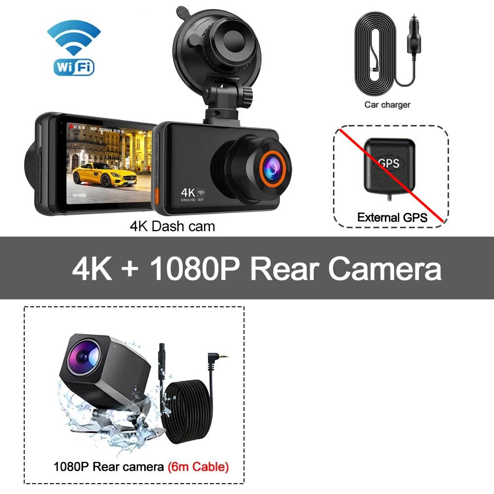 Автомобильный видеорегистратор 4K WIFI GPS DashCam для автомобильного видеорегистратора Камера переднего и заднего вида Ночное видение Черный ящик Круглосуточная парковка Автомобильные аксессуары