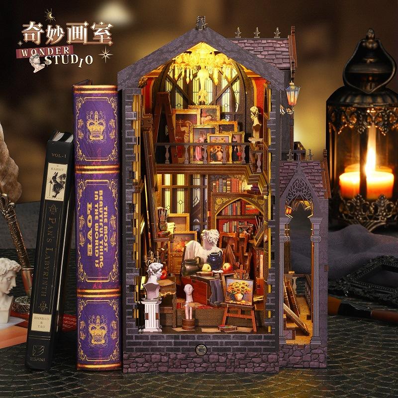 Jiate DIY Miniature House Wonderful Art Studio 3D Puzzle Bookend Model Building Toy Birthday Gift
