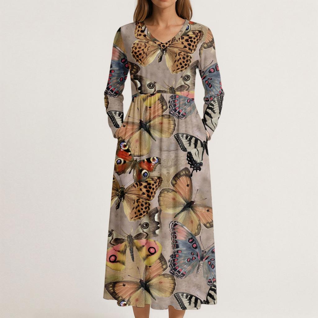 Платье для женщин длинное бохо пляжное платье элегантное макси-платье V-образный вырез длинный рукав платье с карманами