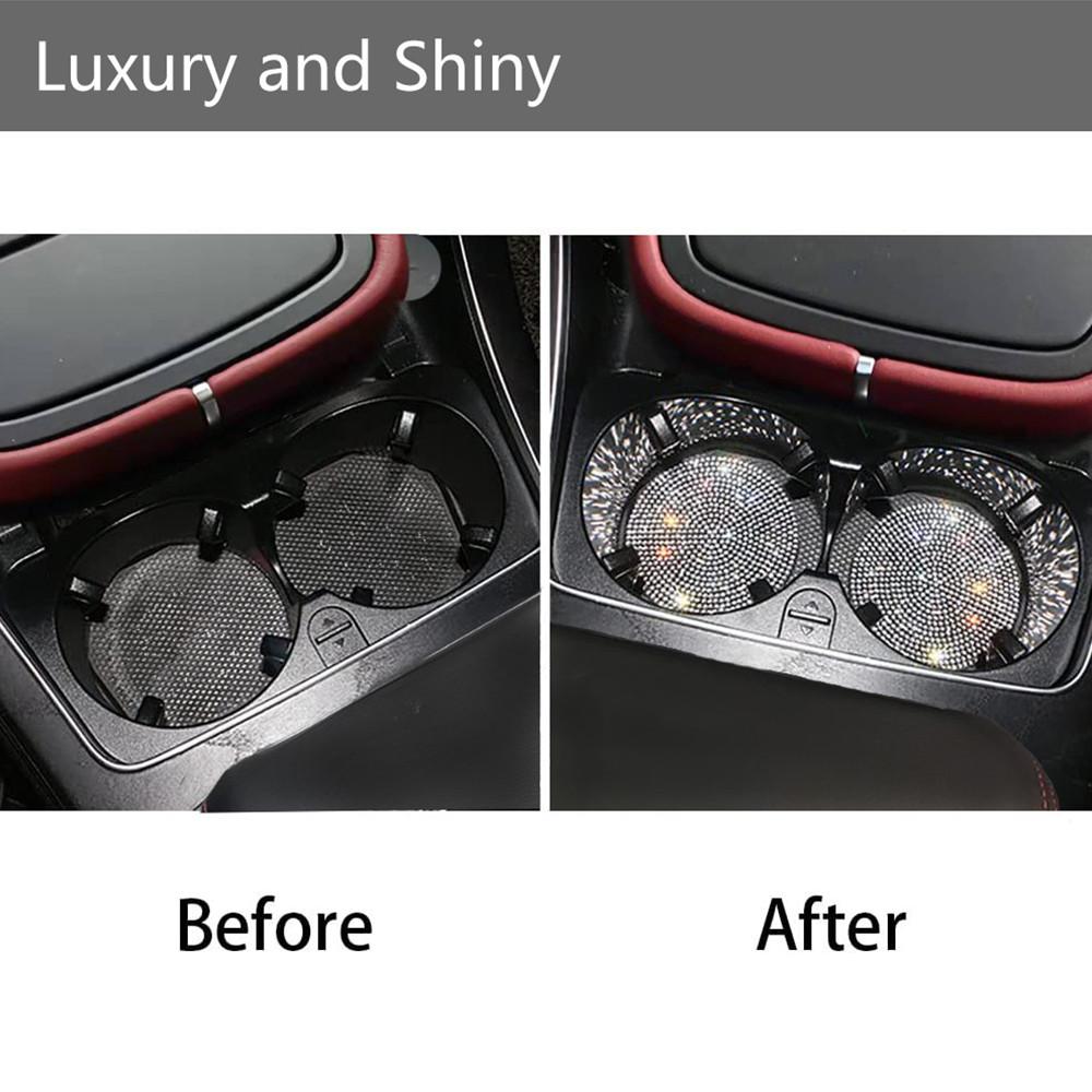 2PCS Diamond Car Coaster Water Cup Slot Non-Slip Mat Silica Gel Pad Cup Holder Mat Car Gadget Bling Car Accessories for Woman