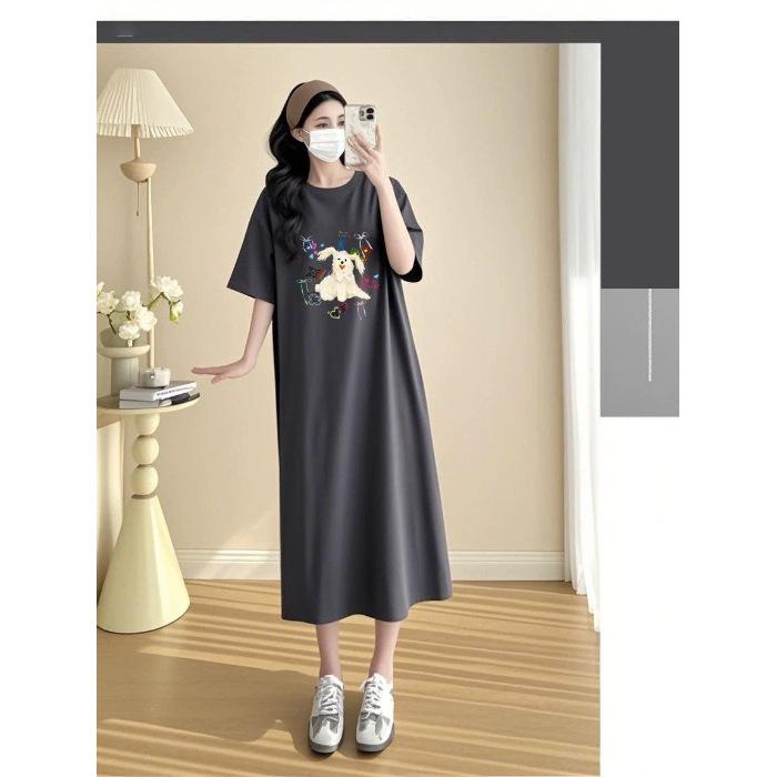 Непринужденное длинное платье-футболка для женщин на лето, корейский стиль, свободное и стройнящее, с коротким рукавом, свободное повседневное платье с мультяшным принтом