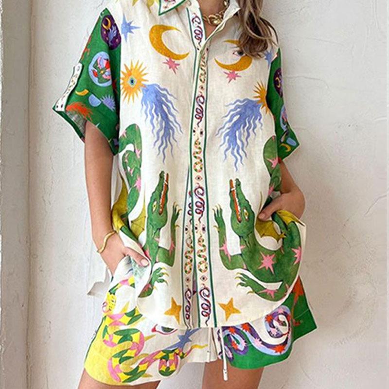 2026 cross-border foreign trade European and American women's clothing, new spring models, temperament casual printed shirt lace-up shorts set