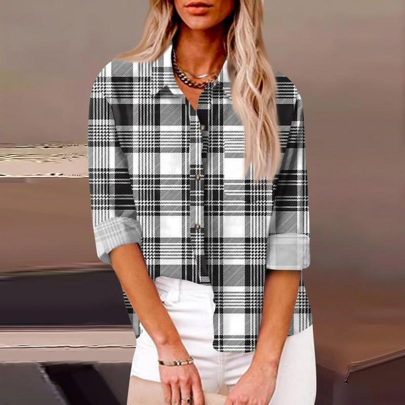 Womens Relaxed Fit Long Sleeve Shirt With 3D Digital Print Plaid Casual Cotton Linen Blouse