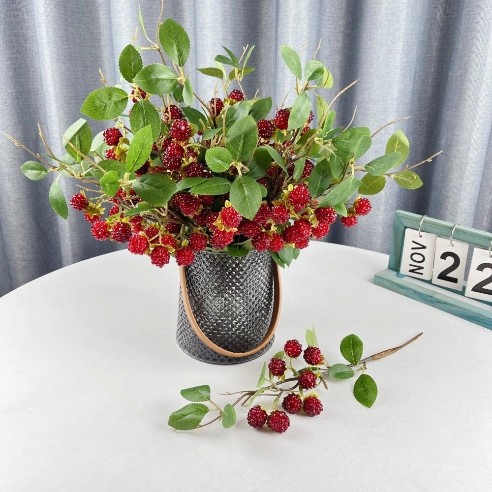 Green Leaves Mulberry Fruit Plants Faux Red Raspberry Fake Plants Artificial Raspberry Branch Gift