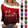 Women's Casual Fashion Sexy Off-Shoulder Collar Christmas Pattern Long Sleeve Crewneck T-Shirt Top