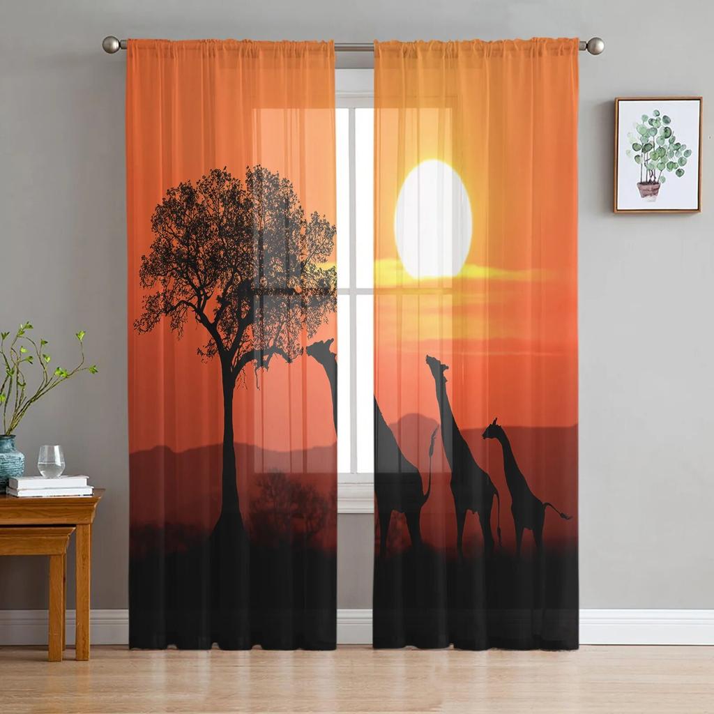 Giraffe Animal Oil Painting Tulle Curtains Balcony Room Fashion Printed Sheer Curtain Living Room Window Modern Decor