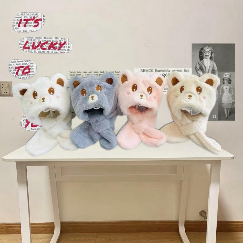 Autumn and winter warm children women and men cute hats and scarves integrated baby thickened cartoon ear protection girls versatile