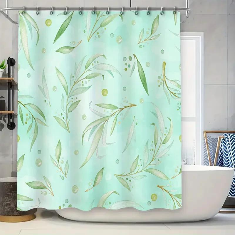 Watercolor Leaf Shower CurtainGreen Floral Pattern for Bathroom Decor Waterproof Fabric Shrinkproof Liner Mint Green Color