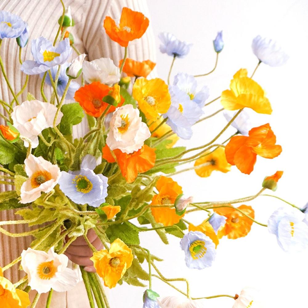 Color Flocking Stem Gorgeous Real Touch Elegant Artificial Papaver Rhoeas Silk Plants Faux Bouquet Fake Poppies Flowers