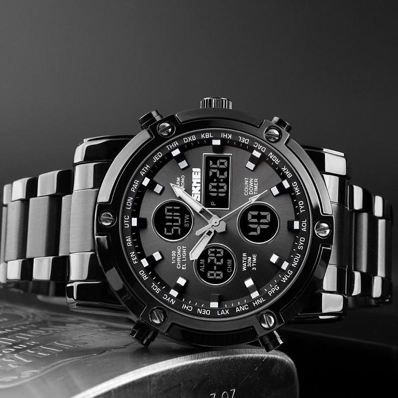 Skmei Mens Full Steel Strap Quartz Wristwatch 3 Time Back Light Display Digital Watches Countdown Clock Relogio Masculino