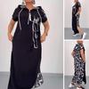Summer Maxi Dress Zippered Hooded Drawstring Short Sleeves Loose Spit Hem Printed Patchwork Casual Daily Wear Long Dress