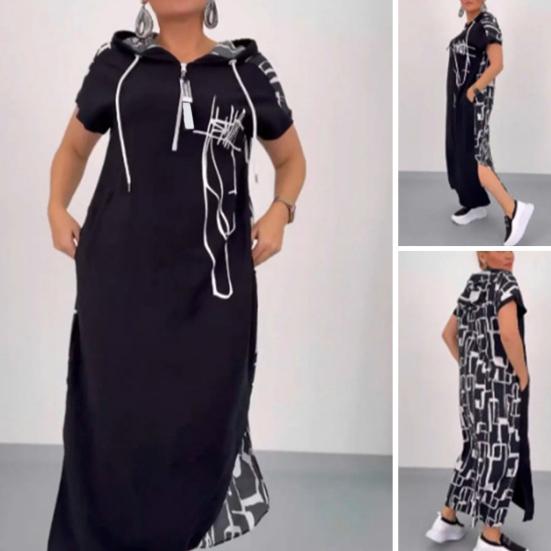 Summer Maxi Dress Zippered Hooded Drawstring Short Sleeves Loose Spit Hem Printed Patchwork Casual Daily Wear Long Dress