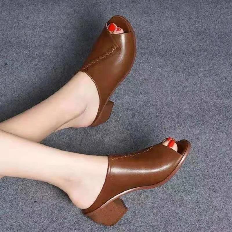 Fashion Thick-heeled Soft Leather Outer Slippers Fish Mouth Comfortable Versatile Mid-heeled Women Sandals Women's Mother's Shoes Women