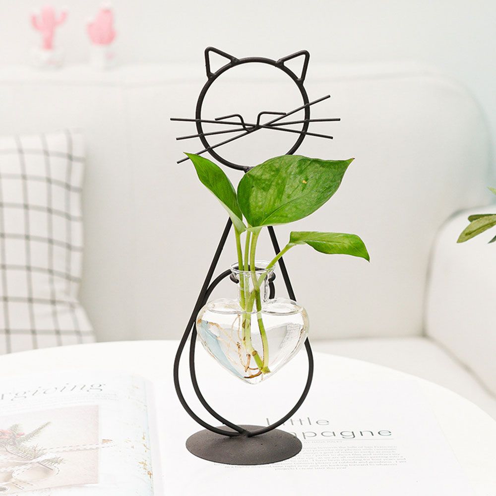 Simple Cat Iron Art Hydroponic Plant Vase Clear Glass Vase Plant Flower Pot Flower Arrangement