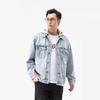 American Street Style Hooded Denim Jacket Light Blue Washed Casual Fashion Lapel Pocket Denim Jacket Men