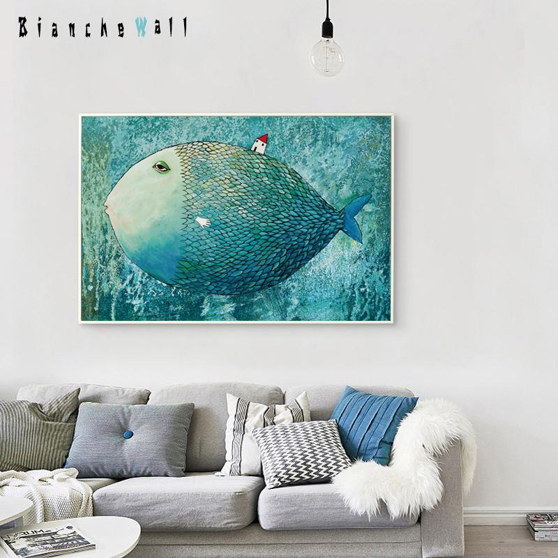 Элегантная поэзия, современный мультфильм, скандинавская большая рыба, маленький дом, холст, картина, художественный принт, плакат, украшение для дома, Настенный декор