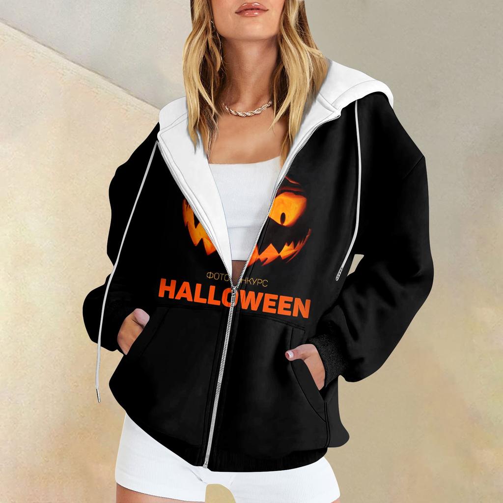 Women's Fashion Casual Halloween Printed Sweatshirt Autumn Winter Long Sleeve Cardigan With Pockets Zipper Hoodie Jacket