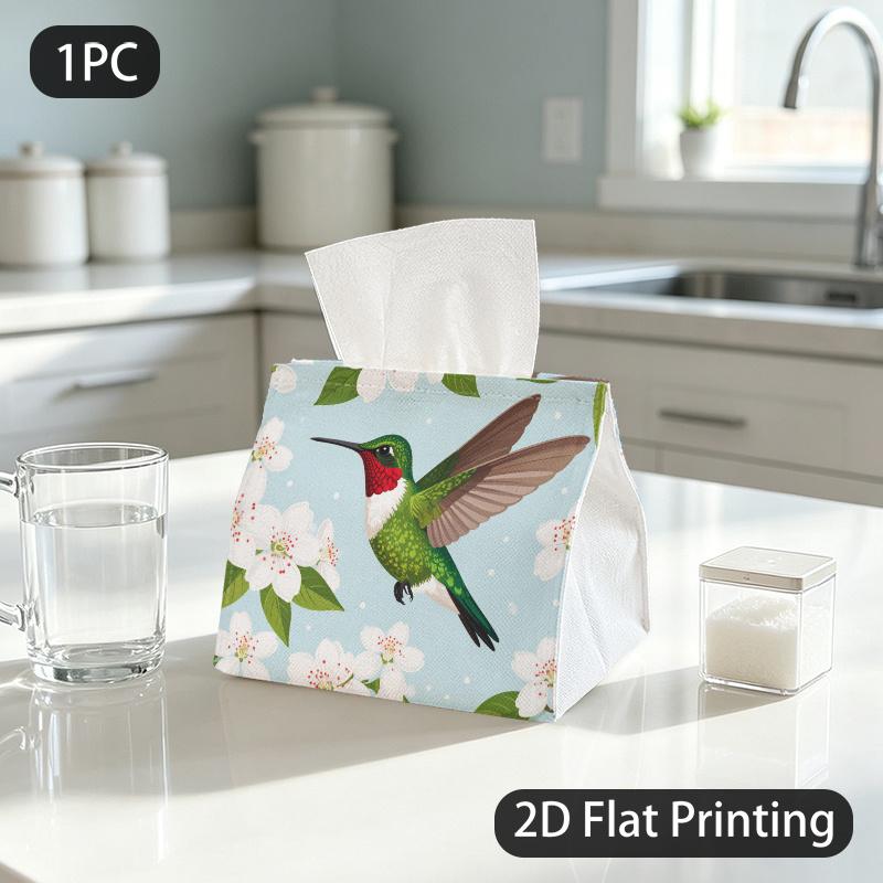 1pc Tissue Box, Flat Art Hummingbird Blossom Fresh Joy Pattern, 2D Flat Printing, Multi-Use, Folds Flat, Tissue Pouch, for Desk Use