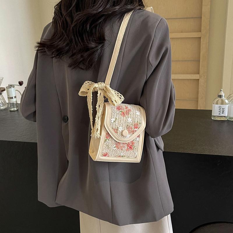 Women Fashion Ladies Bag Simple Floral Straw Messenger Bag Lightweight Crossbody Bag for Summer Beach Holiday AVE